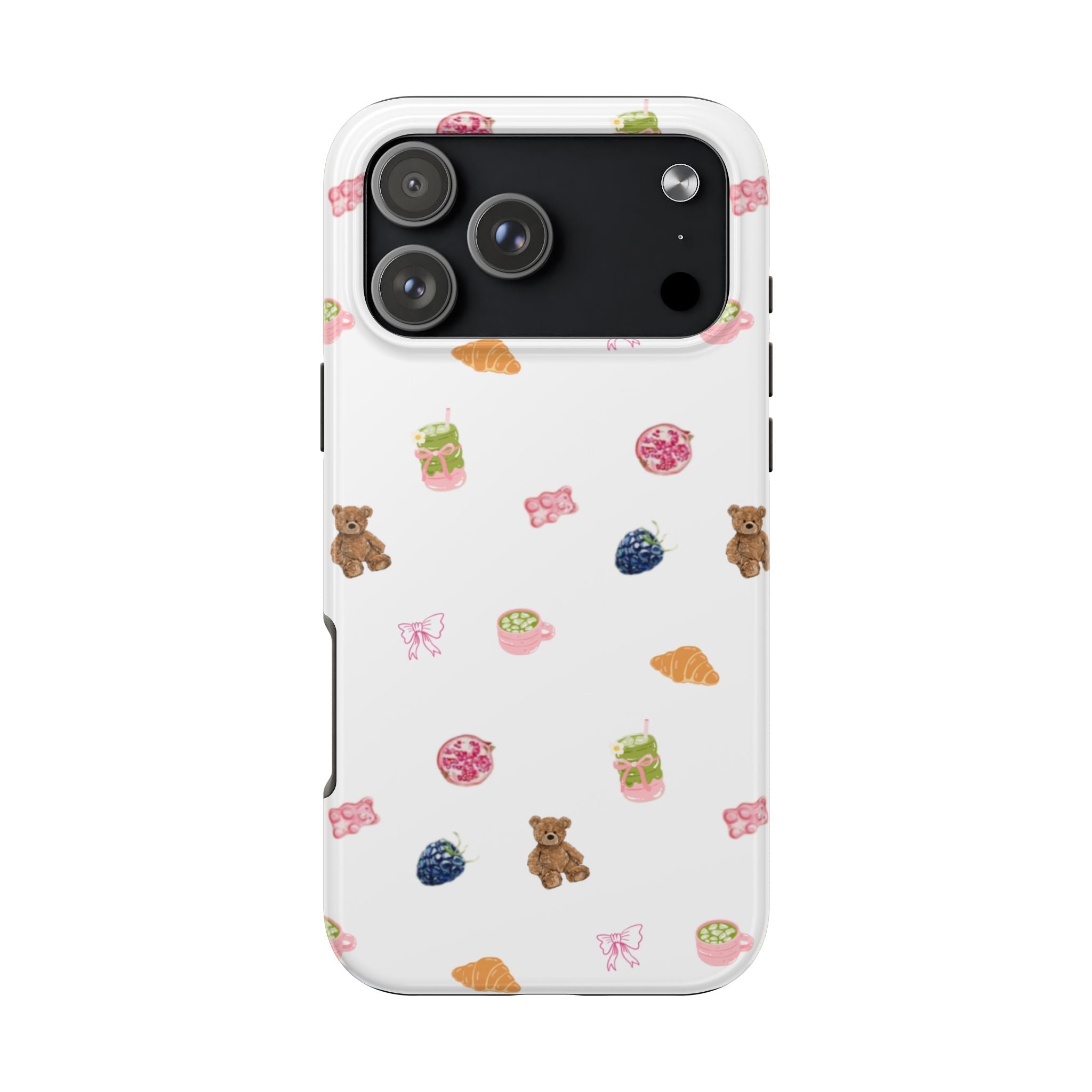 White phone case with teddy and breakfast icon pattern, raised camera cutouts