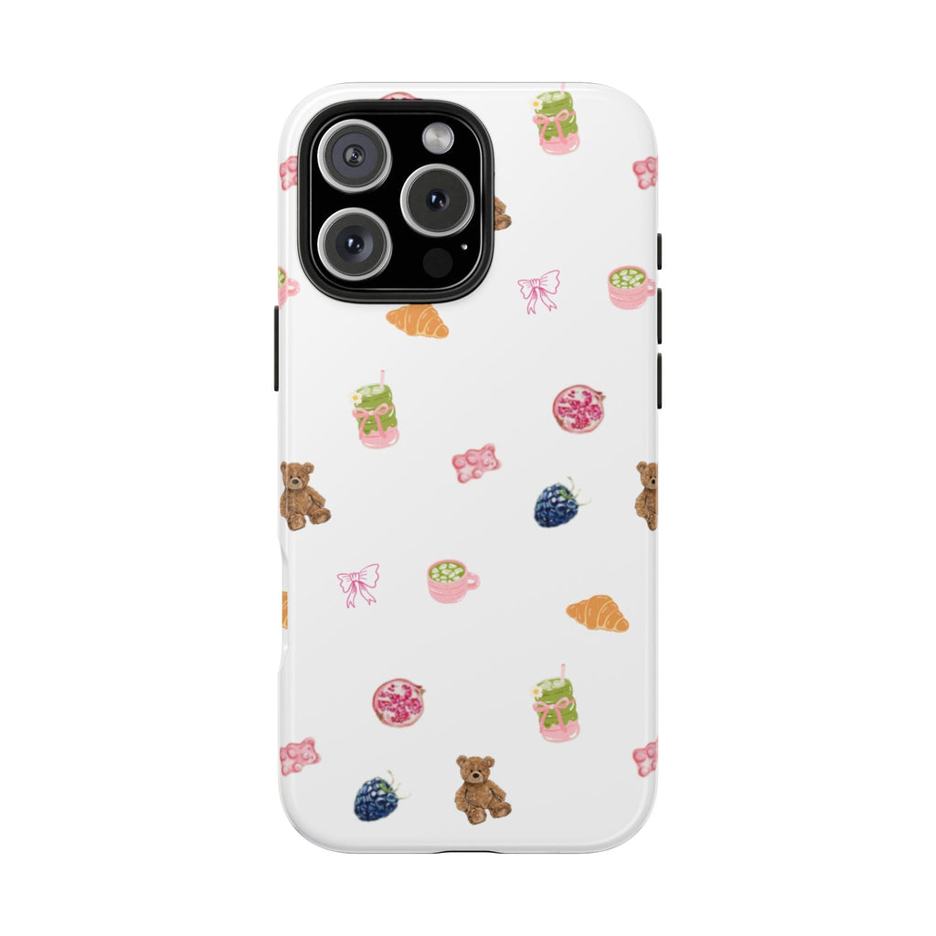 White phone case with teddy, drink, food, and butterfly icons; camera openings