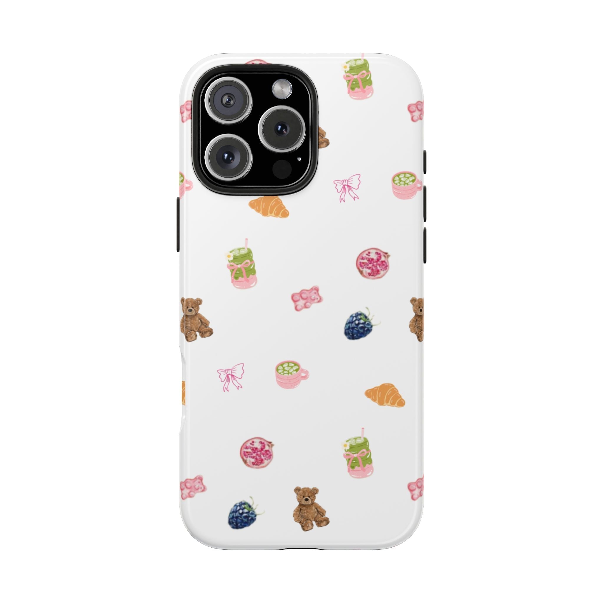 White phone case with teddy, drink, food, and butterfly icons; camera openings