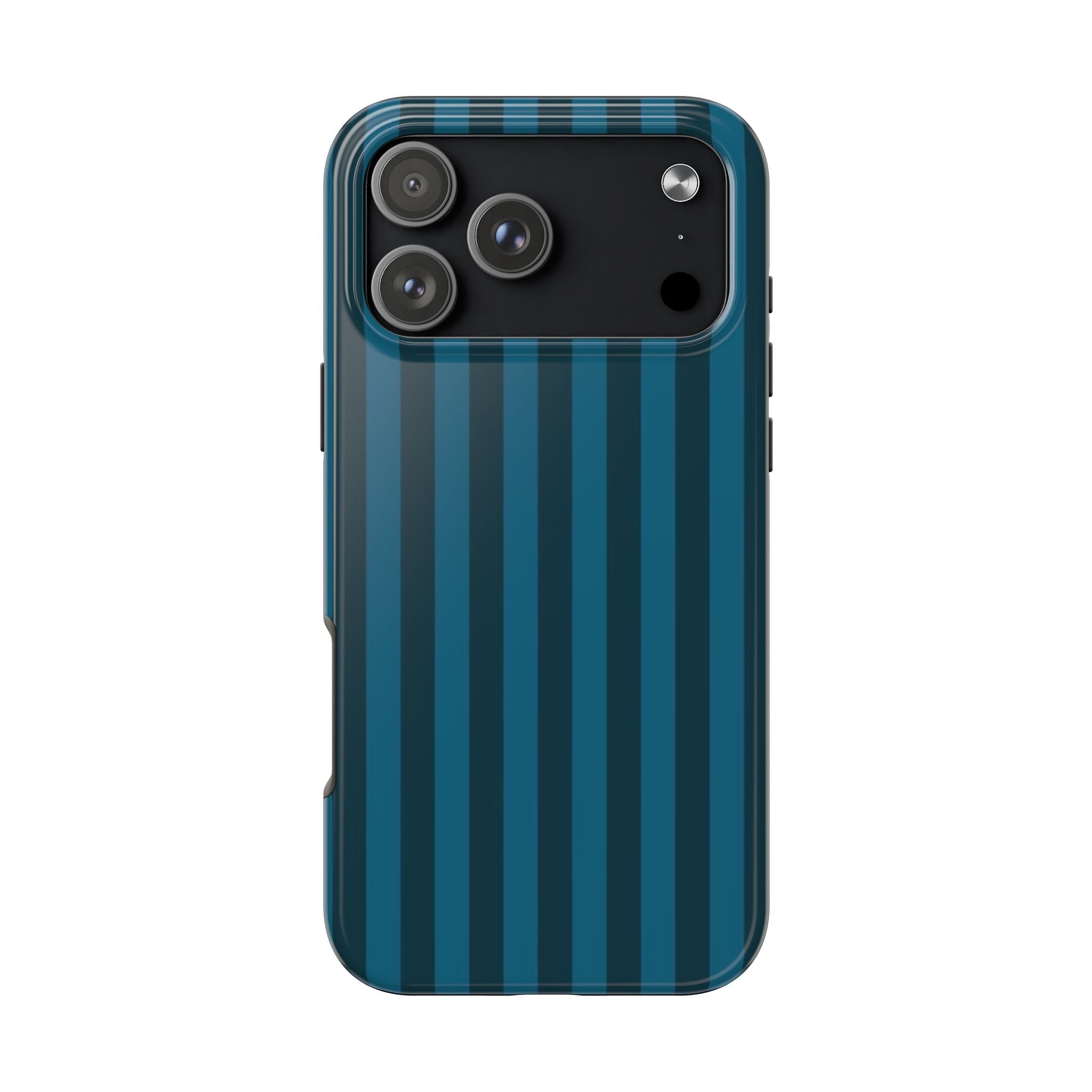 Deep lagoon striped phone case with raised camera cutout and side buttons