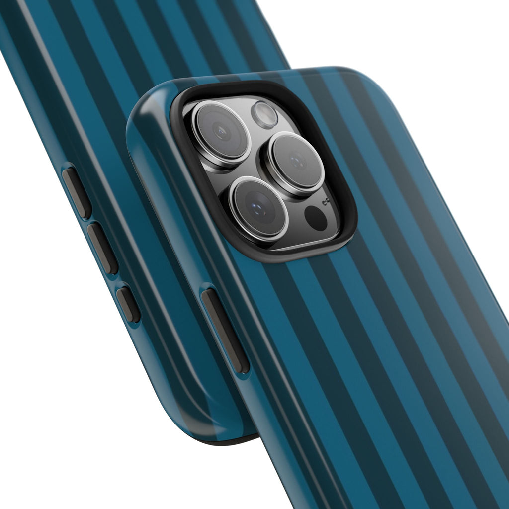 Deep lagoon striped phone case close-up of camera lenses and cutouts