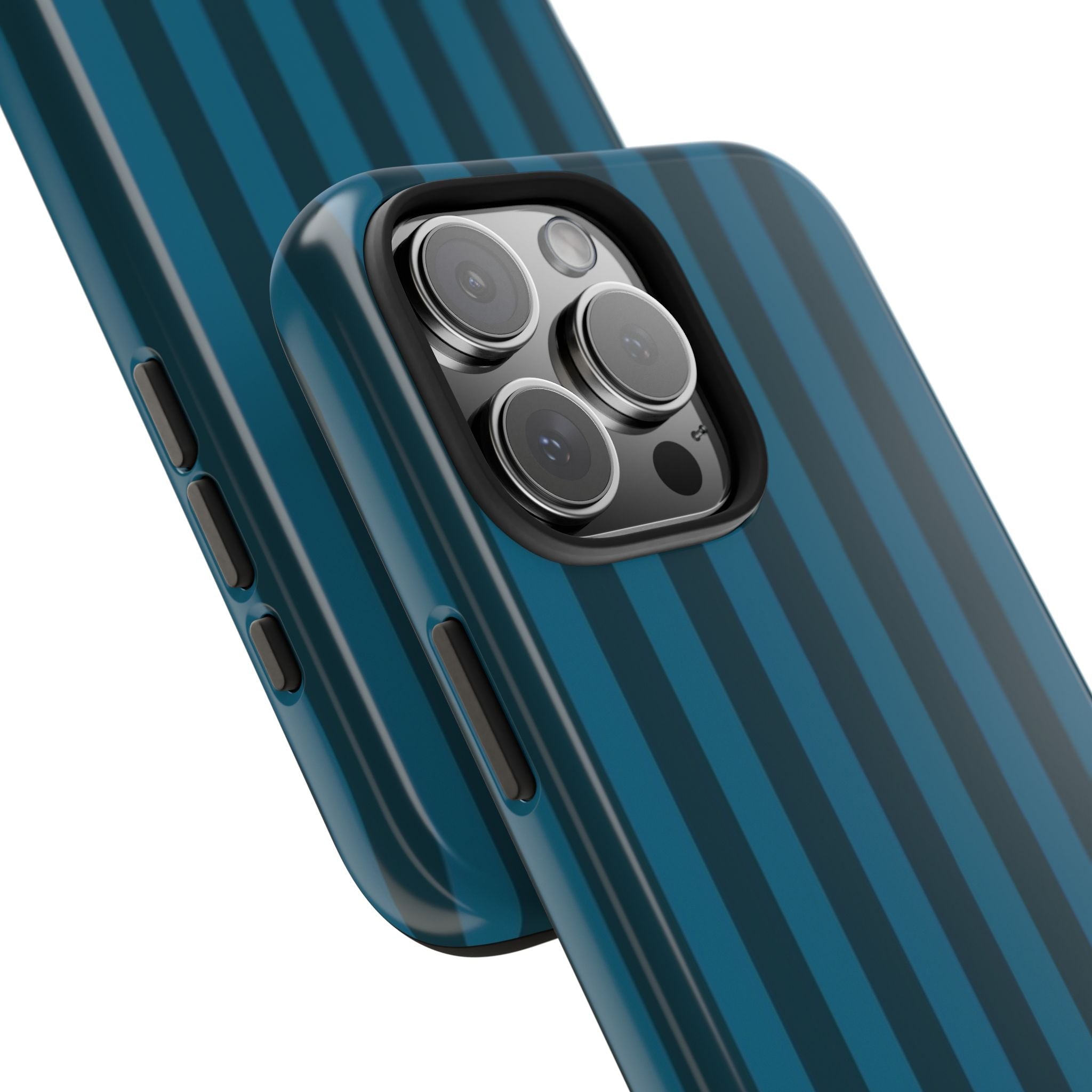 Deep lagoon striped phone case close-up of camera lenses and cutouts