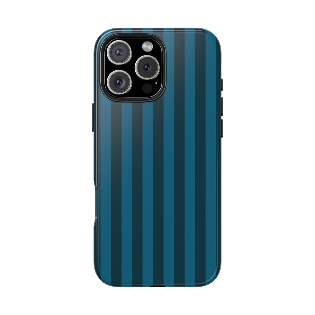 Deep lagoon striped phone case, front camera module and edge buttons visible