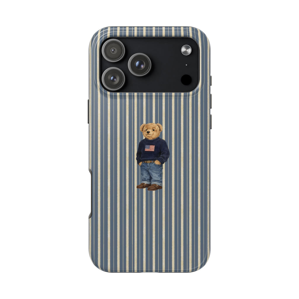 Blue and beige vertical striped phone case with sitting denim teddy bear on back
