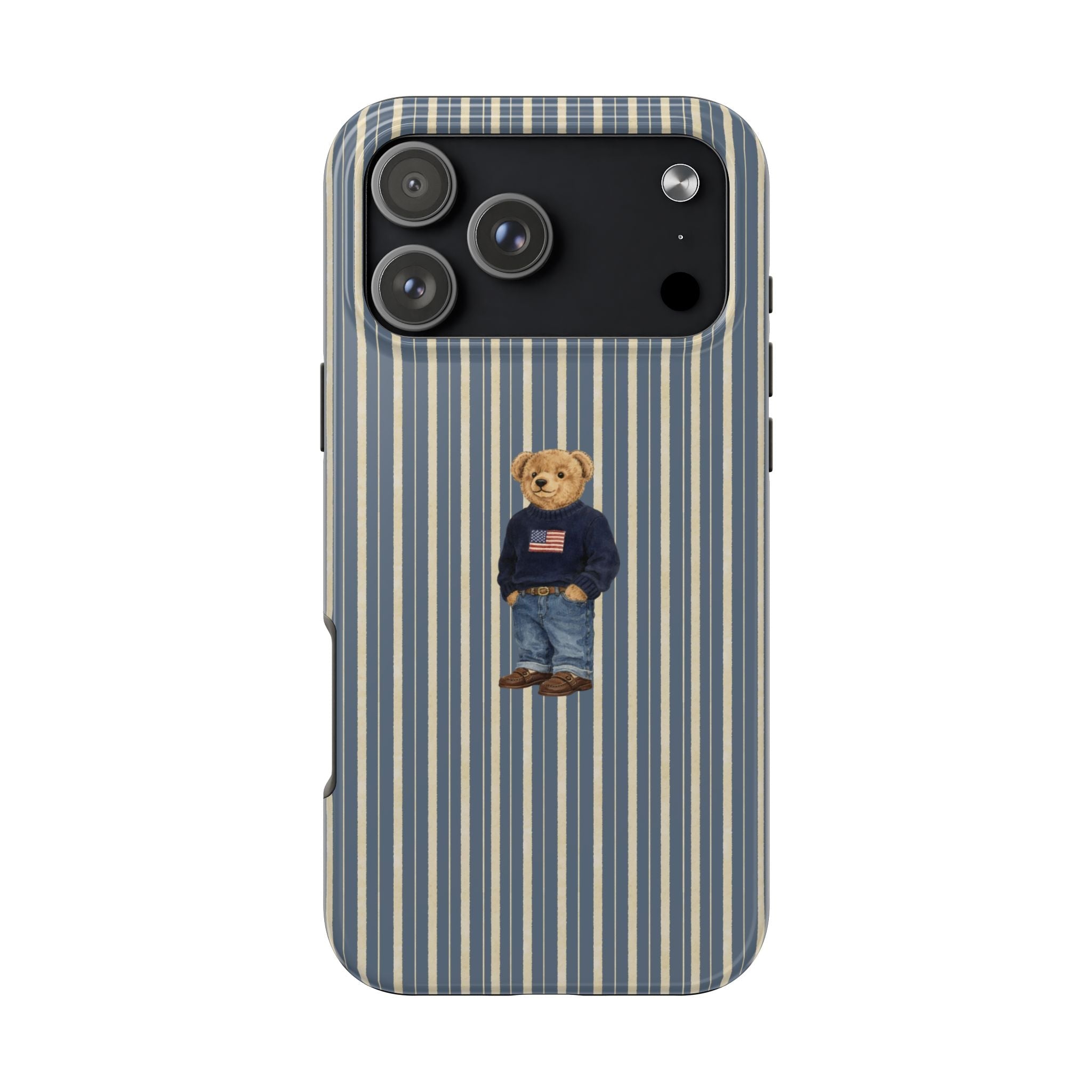 Blue and beige vertical striped phone case with sitting denim teddy bear on back