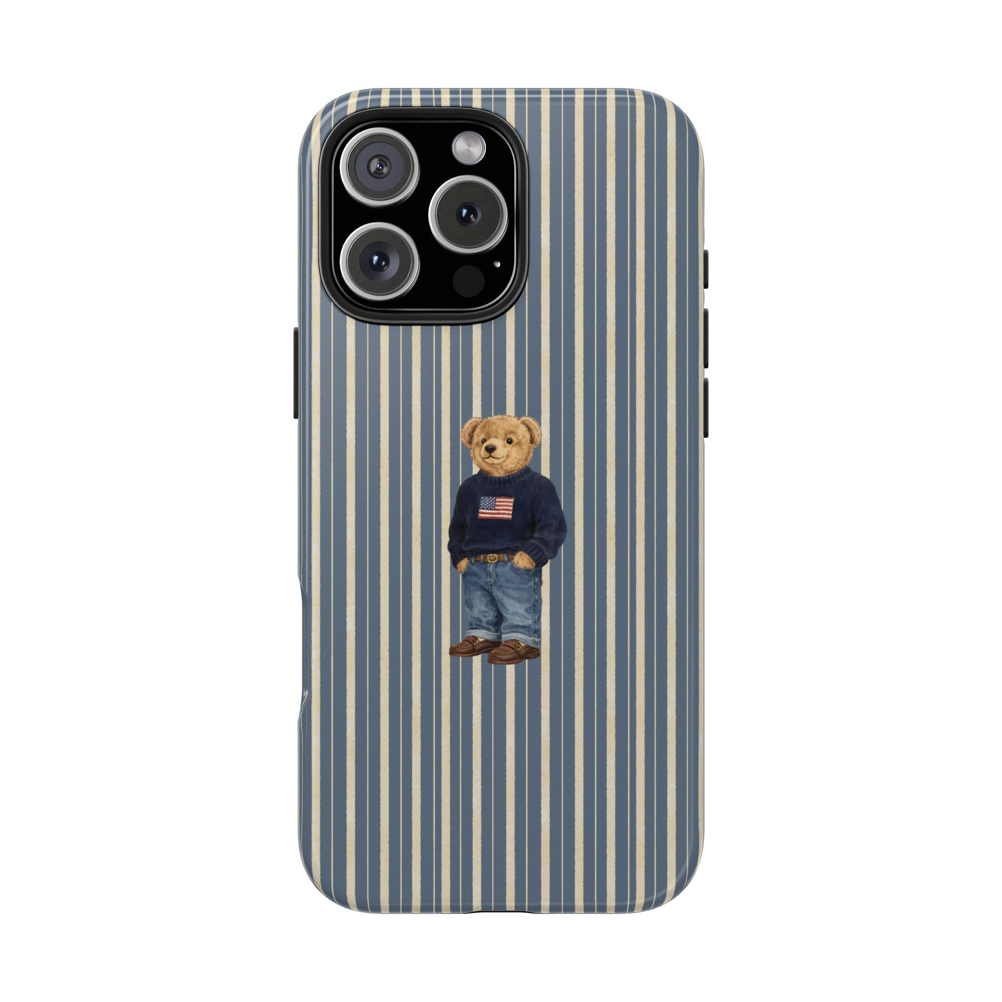 Beige and blue striped phone case with denim teddy bear character under camera cutouts