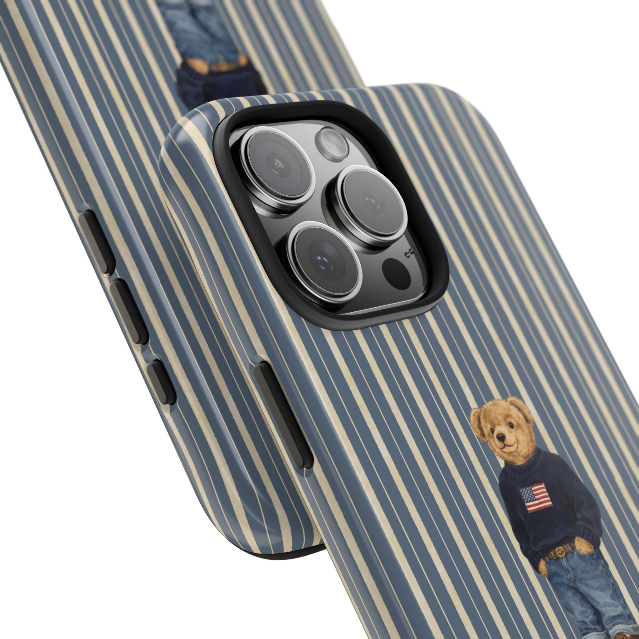 Angled striped phone case with denim teddy bear and camera lens cutout, side buttons