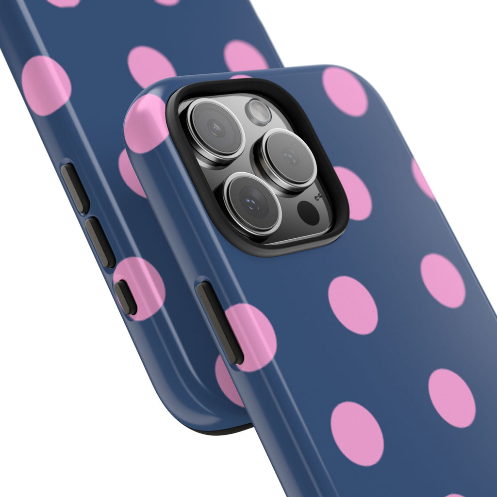 Denim-blue phone case detail: pink dots with triple camera protection