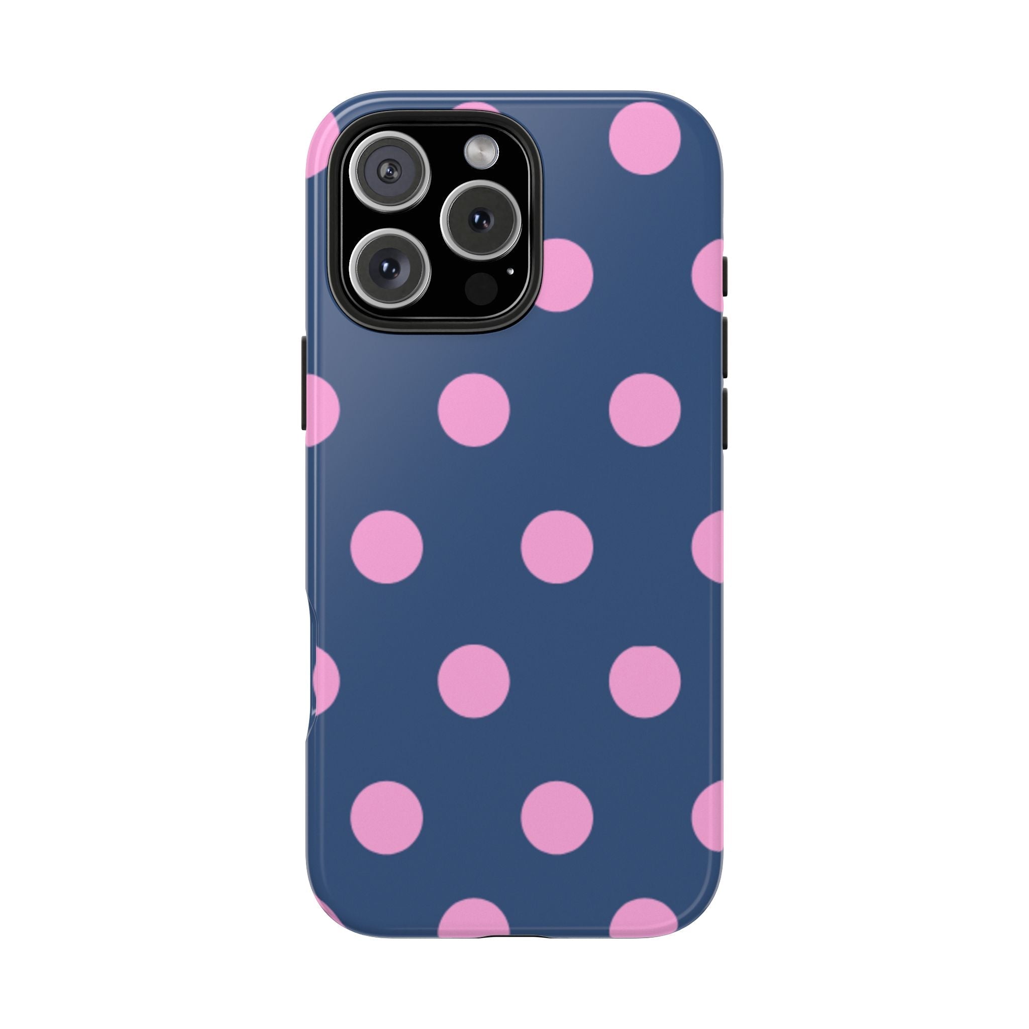 Navy blue phone case with pink polka dots, sleek side buttons