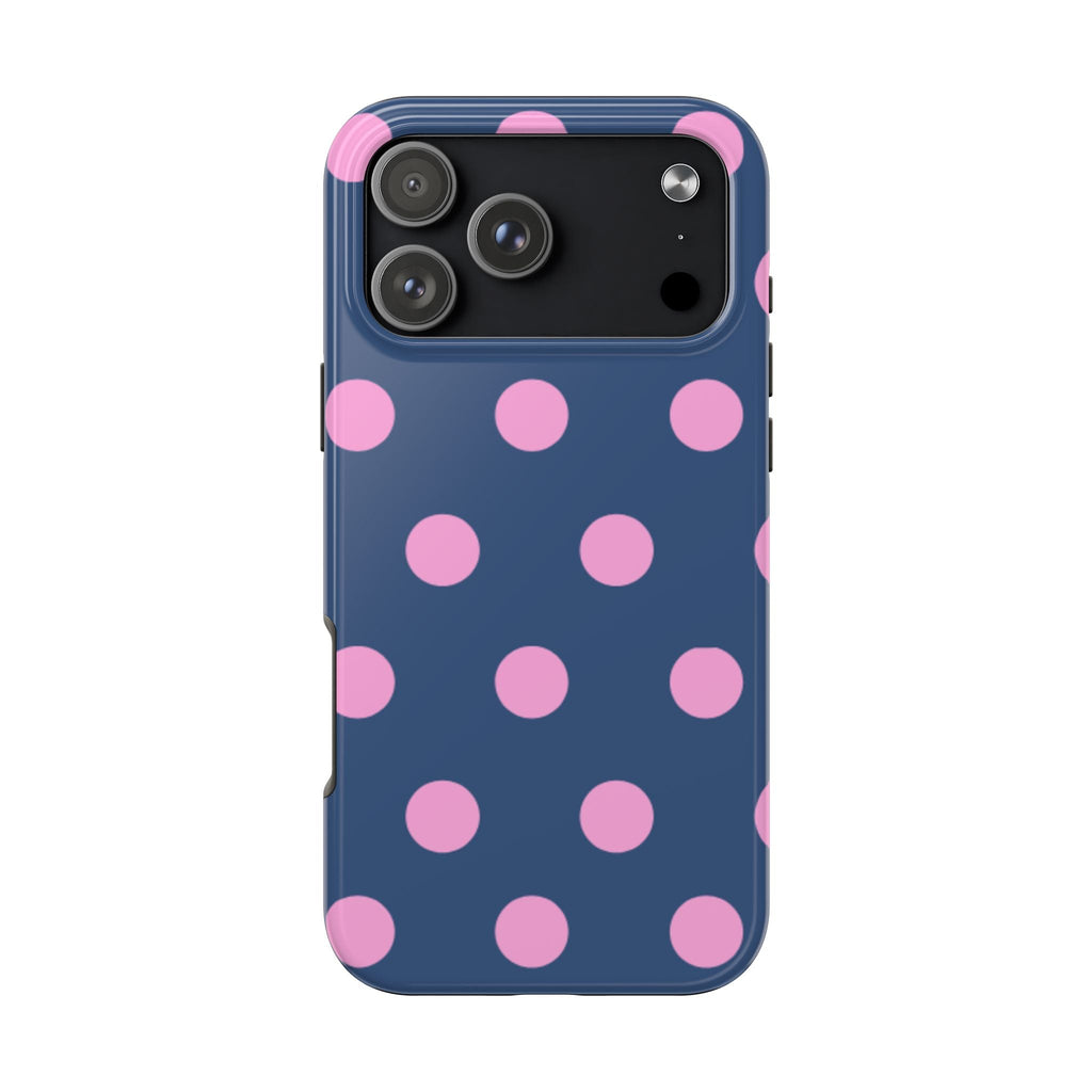 Blue phone case with pink polka dots, raised camera cutout