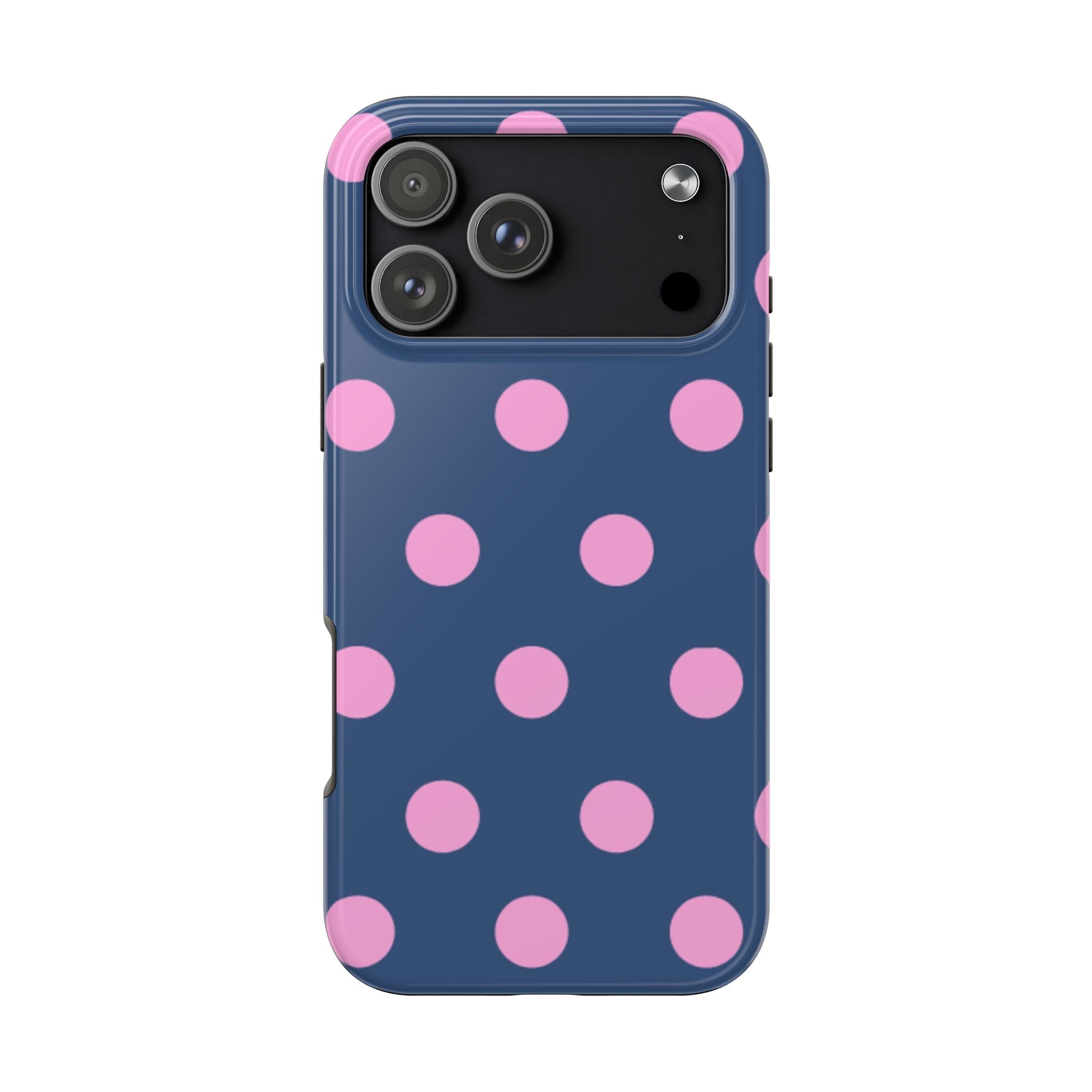 Blue phone case with pink polka dots, raised camera cutout