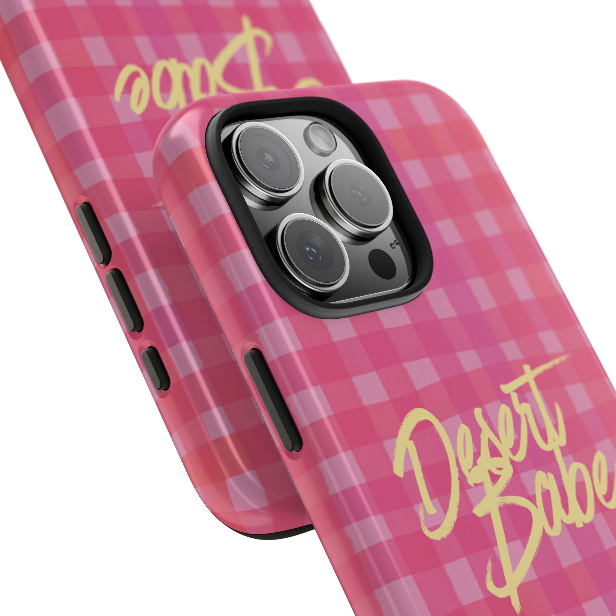 Pink gingham phone case showing side buttons and “Desert Babe” script text