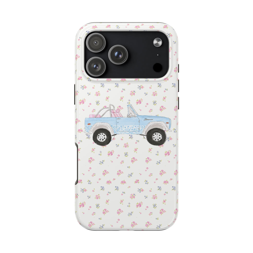 Ditsy floral phone case, blue vintage bronco graphic centered on smooth white back