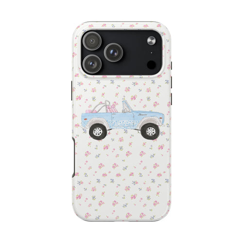 Ditsy floral phone case, blue vintage bronco graphic centered on smooth white back