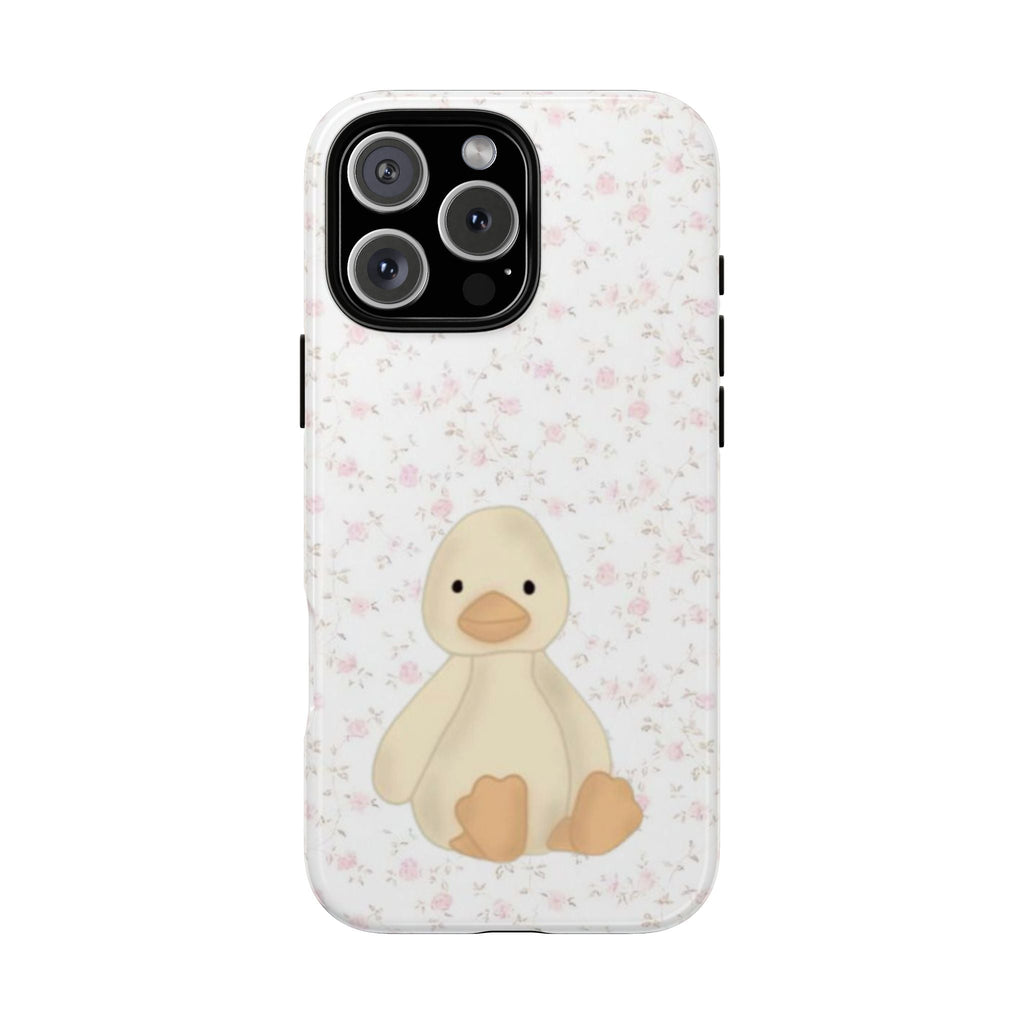 Ditsy floral phone case with cute duck illustration, clear back, and camera cutouts