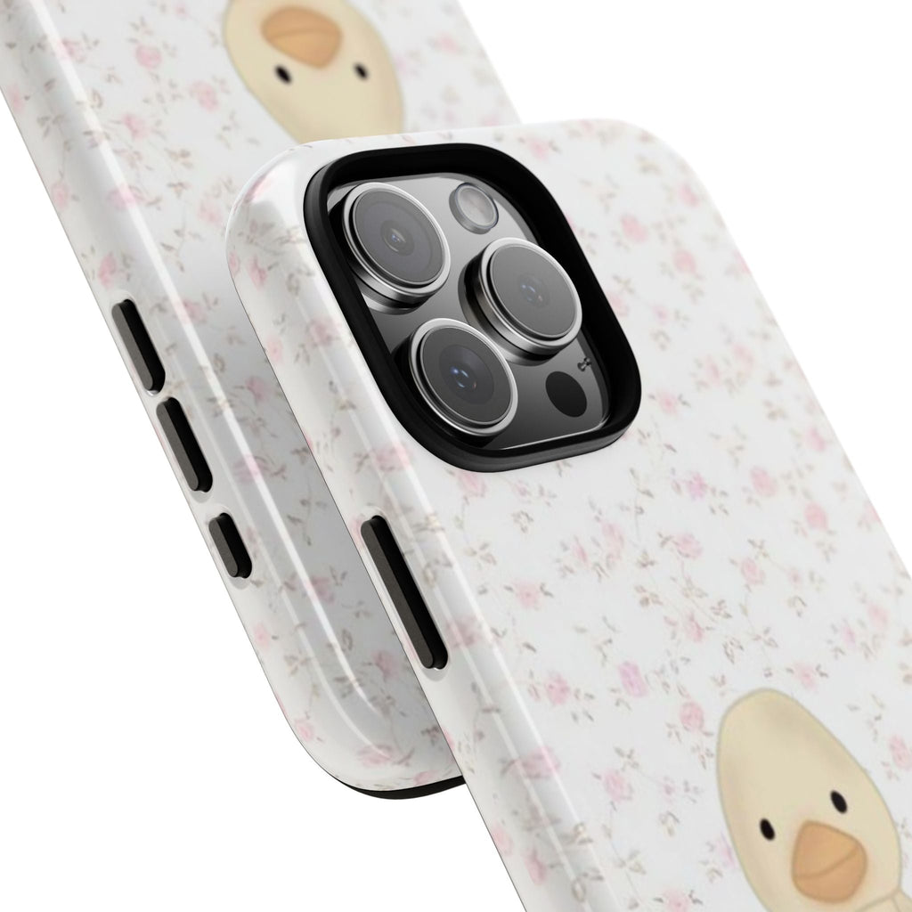 Diagonal angle of ditsy floral duck phone case with visible camera lens openings
