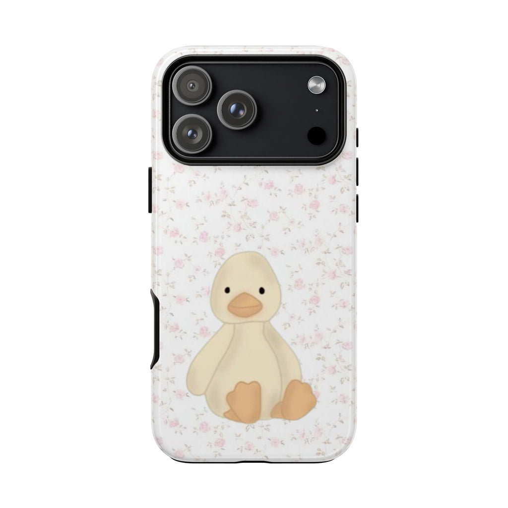 Clear phone case with ditsy floral pattern and duck graphic beneath the camera cutout