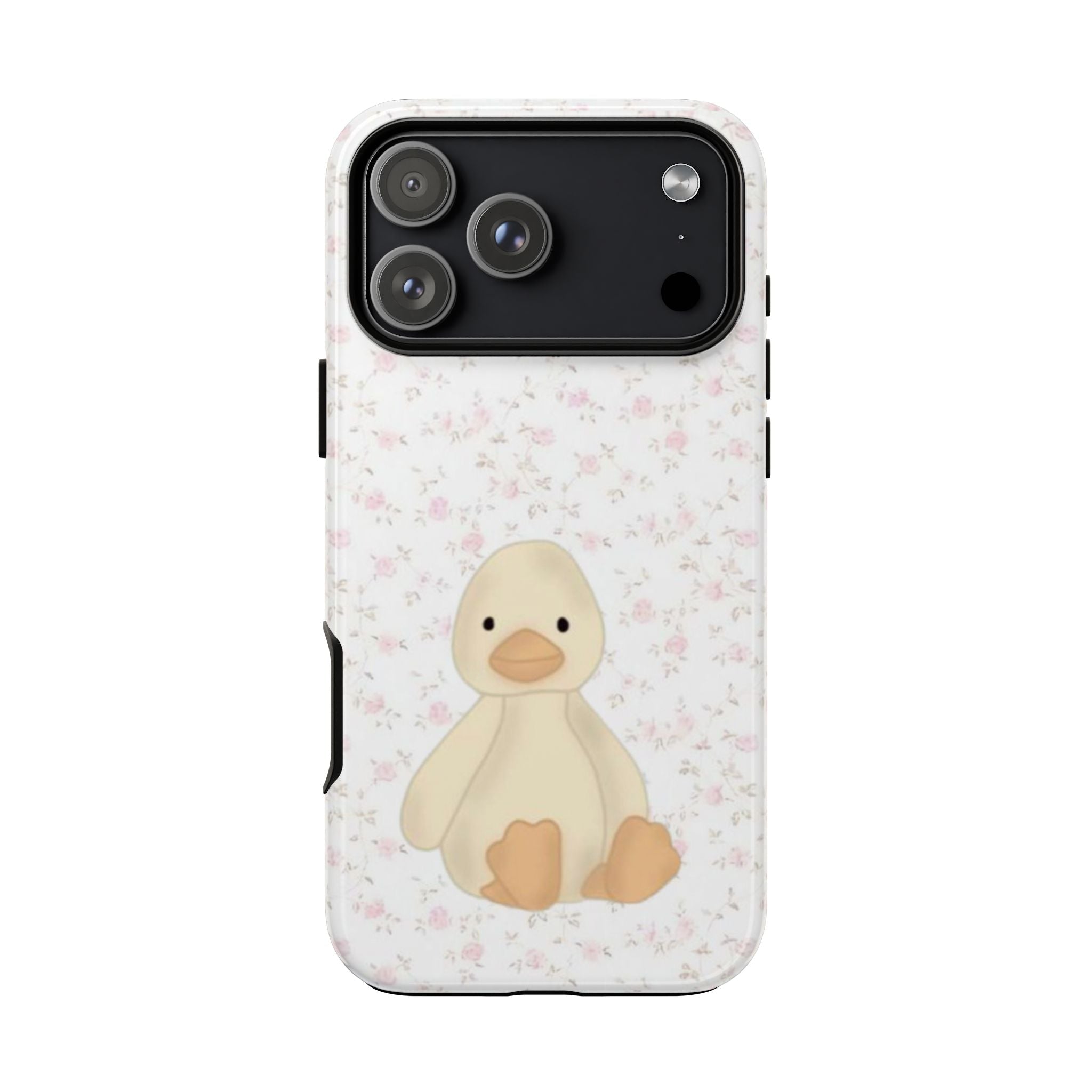 Clear phone case with ditsy floral pattern and duck graphic beneath the camera cutout