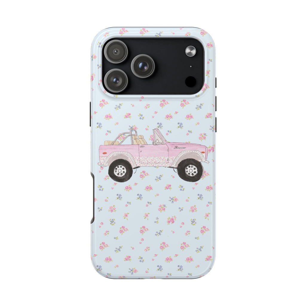 Light blue ditsy floral phone case with pink Bronco truck; back camera lens cutouts