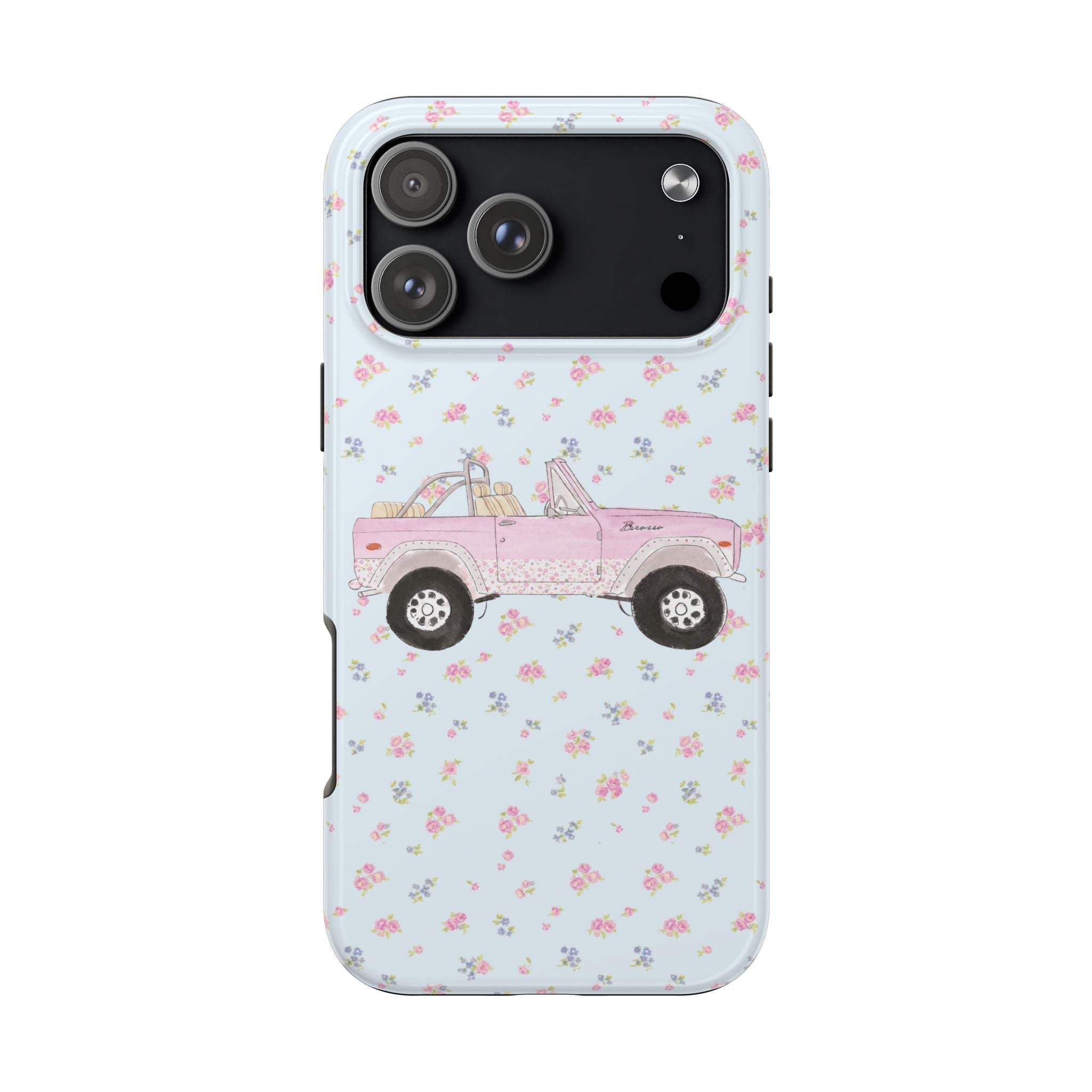 Light blue ditsy floral phone case with pink Bronco truck; back camera lens cutouts