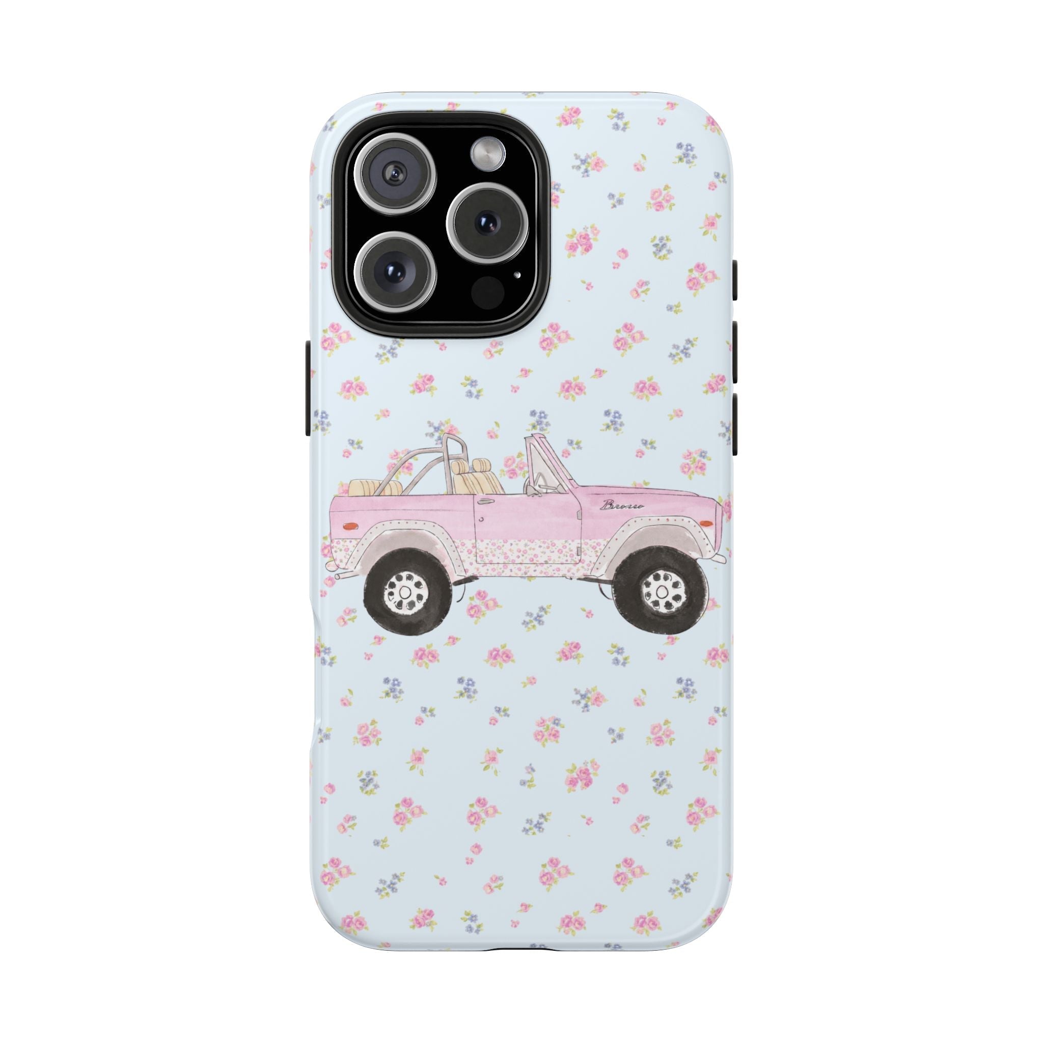 Light blue ditsy floral phone case with pink vintage Bronco truck; rear camera cutout