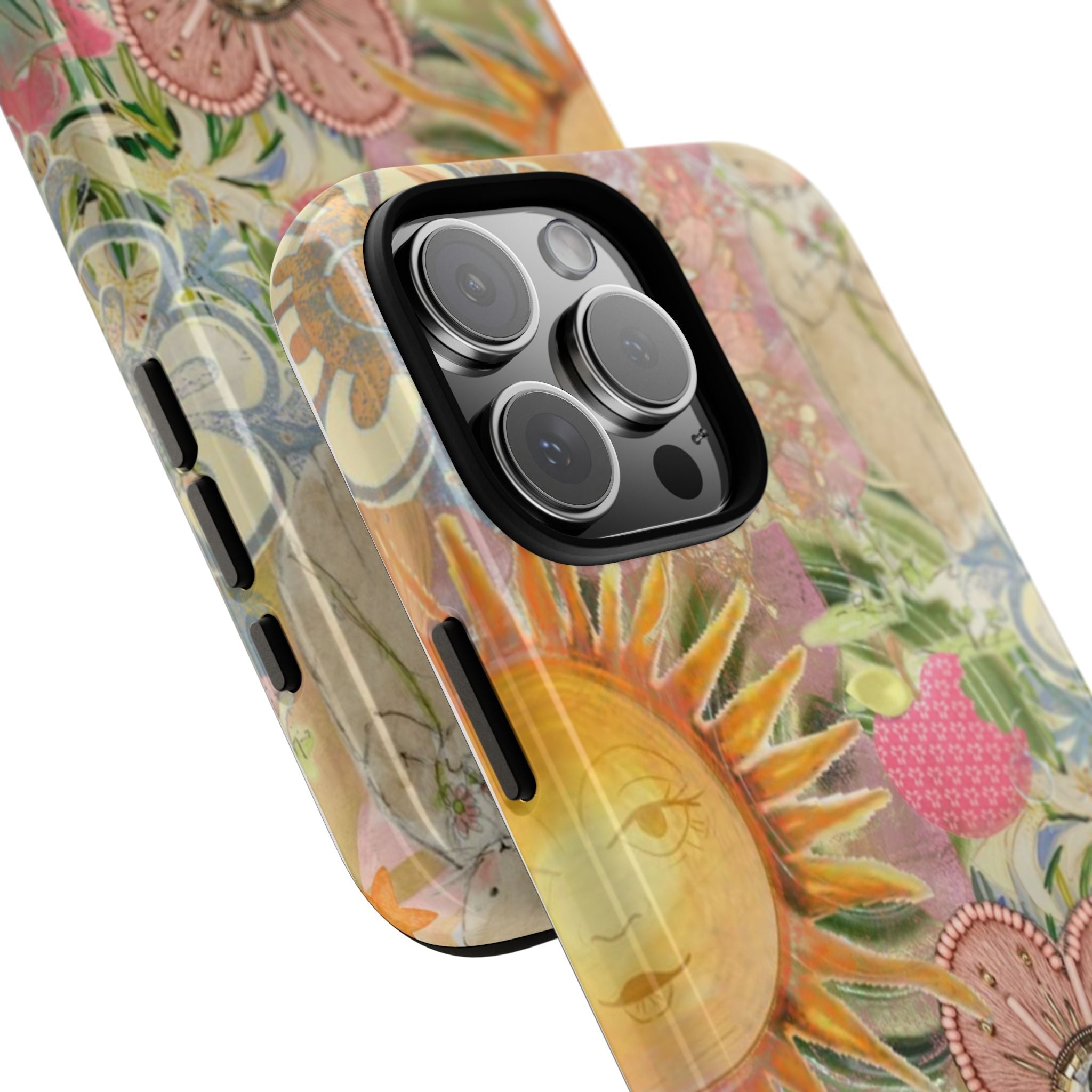 Angled floral phone case with raised camera bezel and side button cutouts