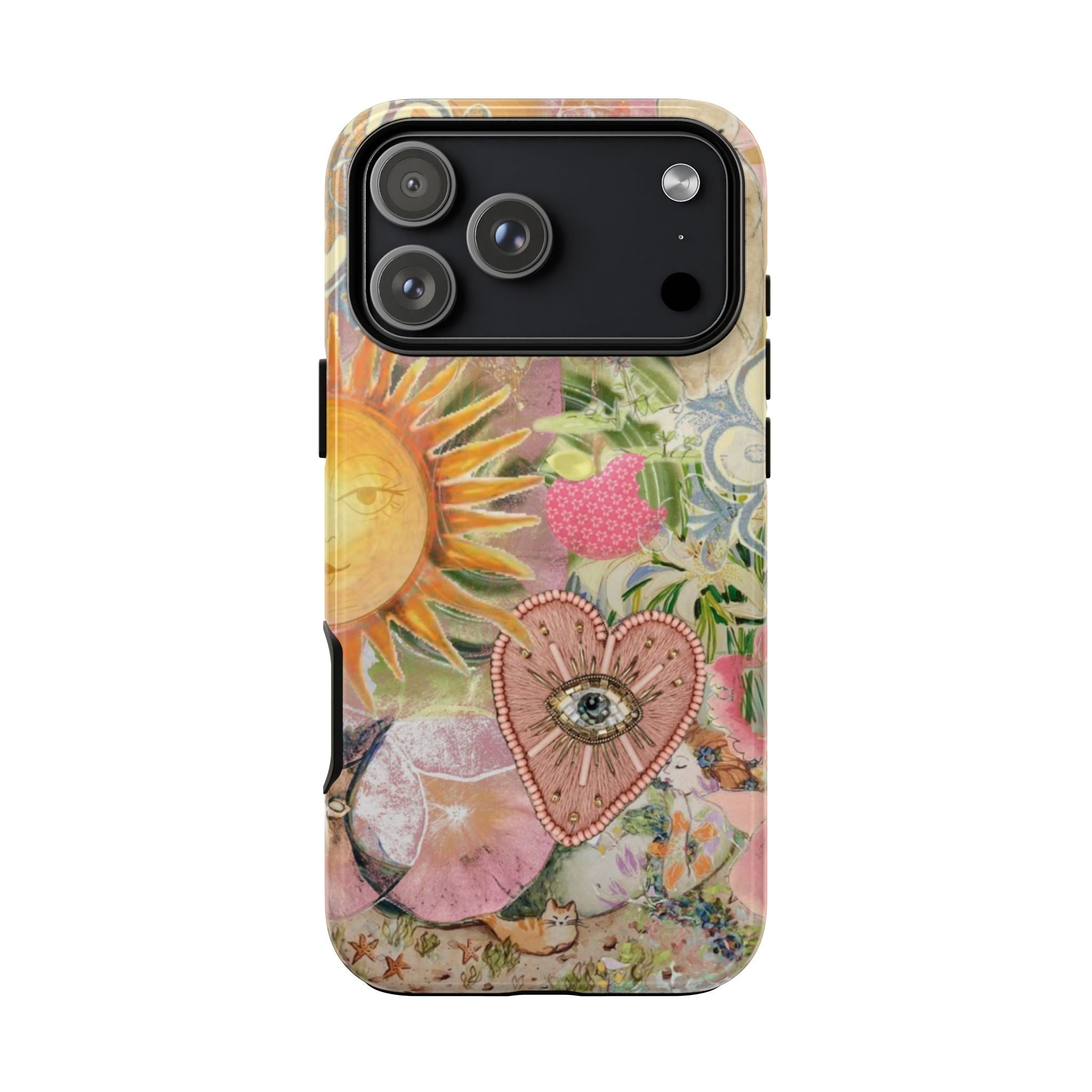 Colorful spring flower phone case with embroidered heart, slim camera protection