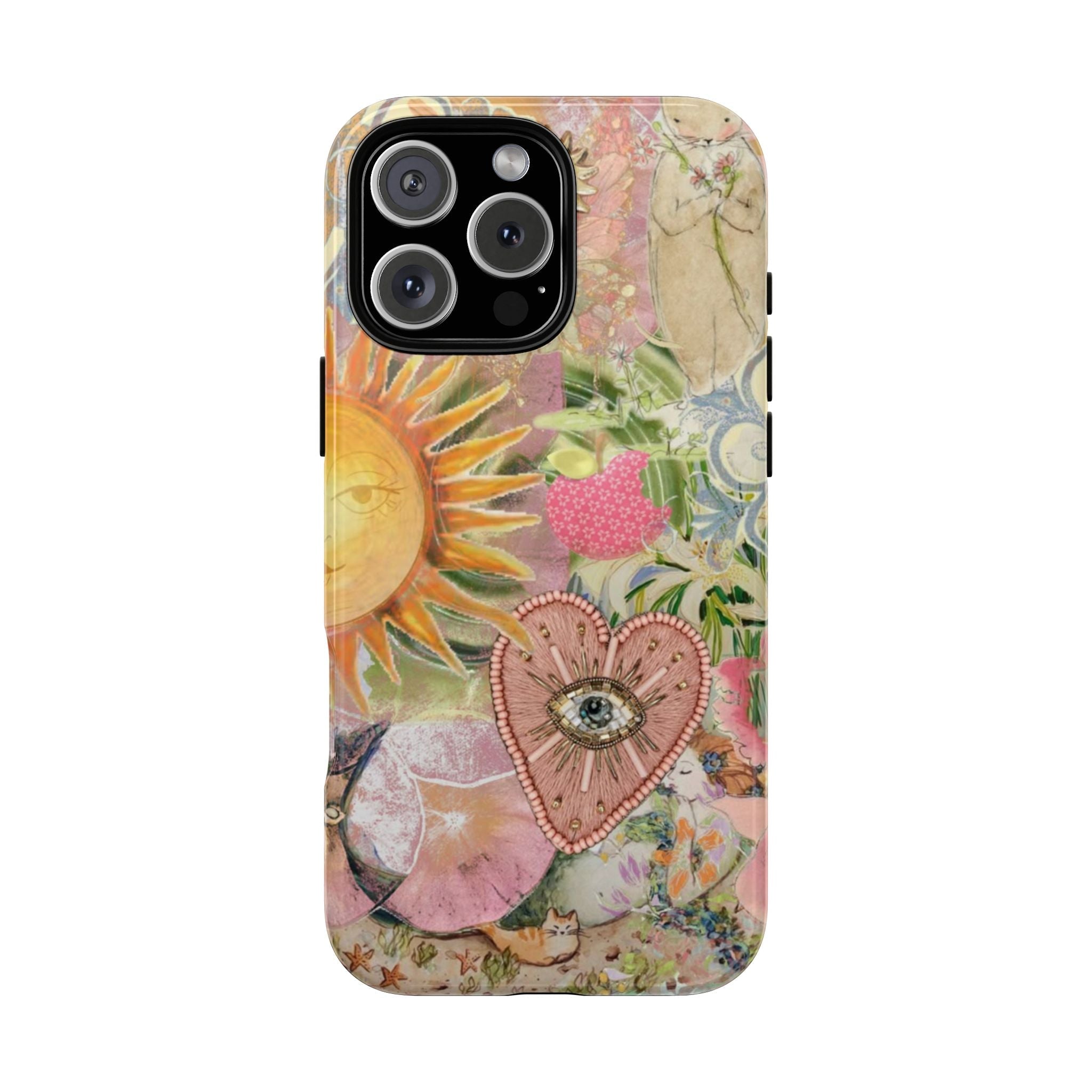 Pastel floral phone case with stitched heart and sunflower design, camera cutouts