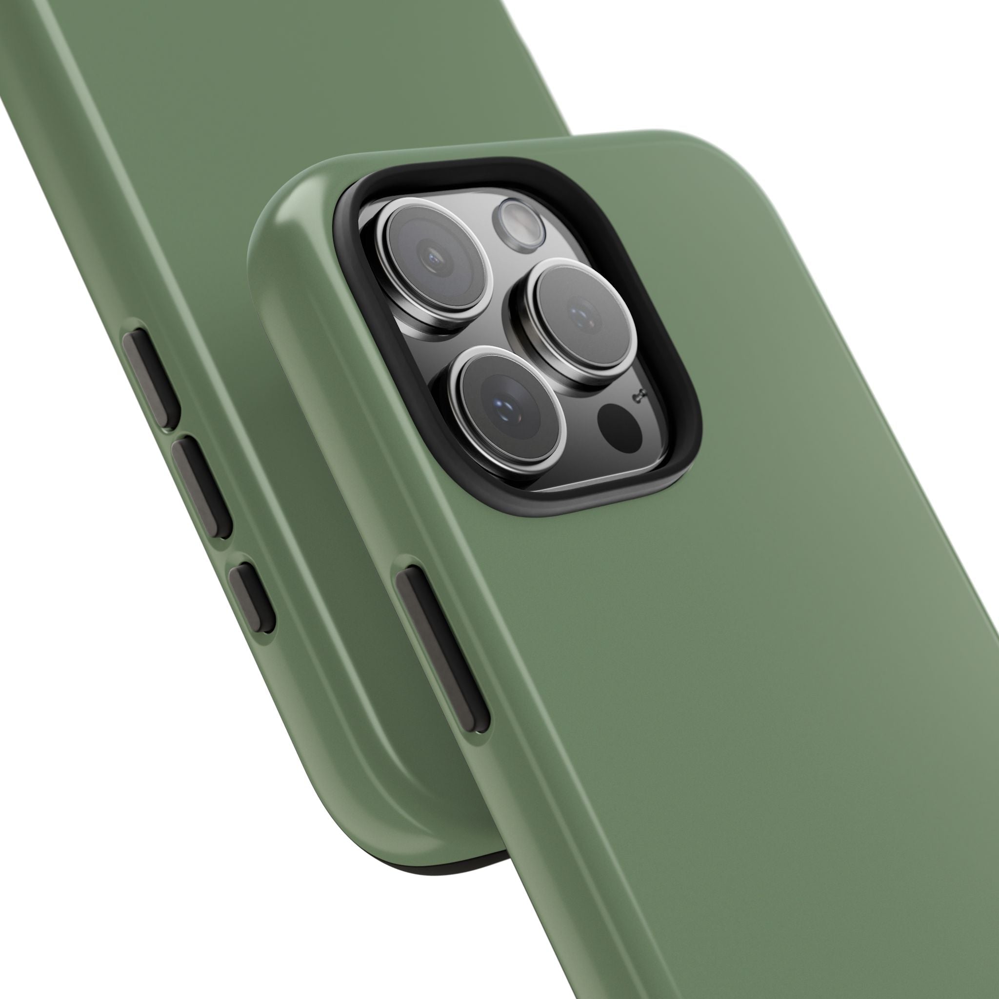 Army green phone case angled view with camera lens covers and side button openings