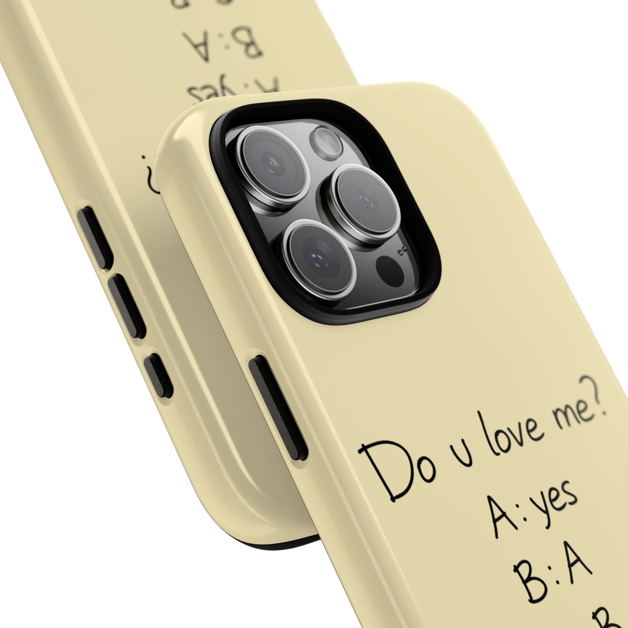 Light yellow phone case angled view with camera cutouts and 'Do u love me?' text