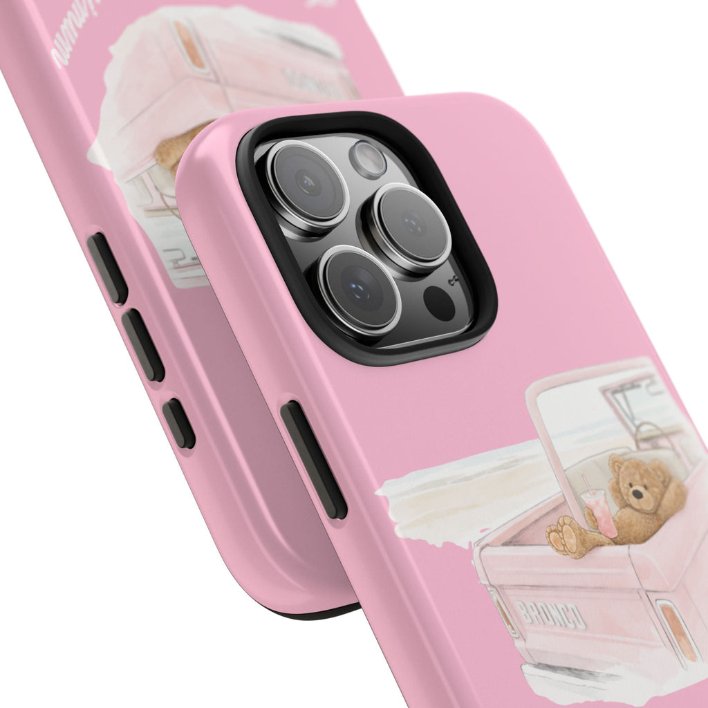 Pink phone case side angle with tissue-box bear graphic and raised camera cutout