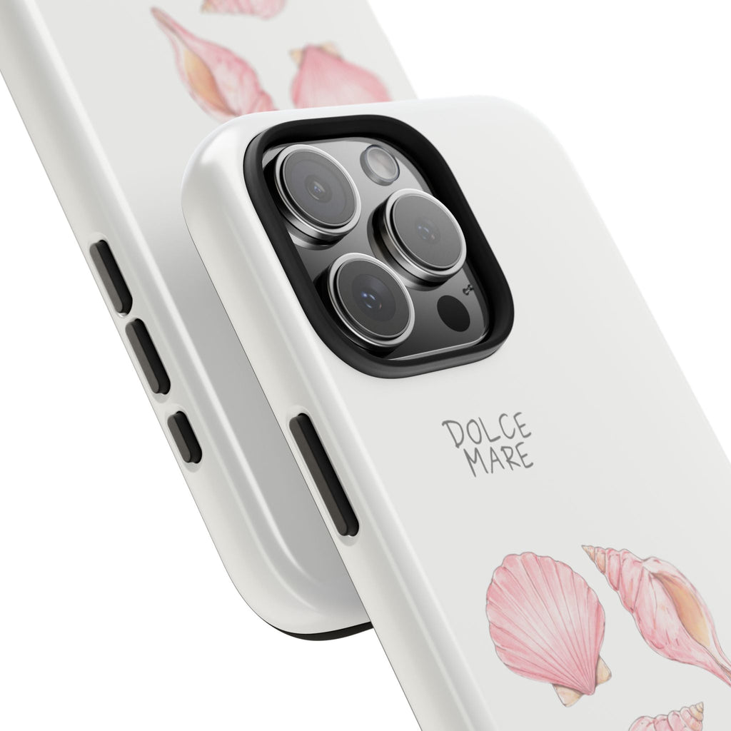 Side view white phone case with seashell print and blue wave near camera cutout