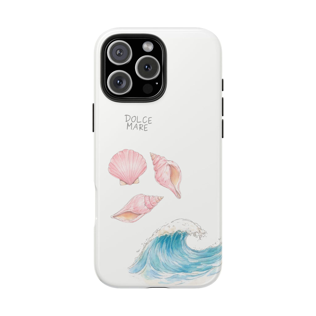 White phone case with pink seashells and blue wave illustration