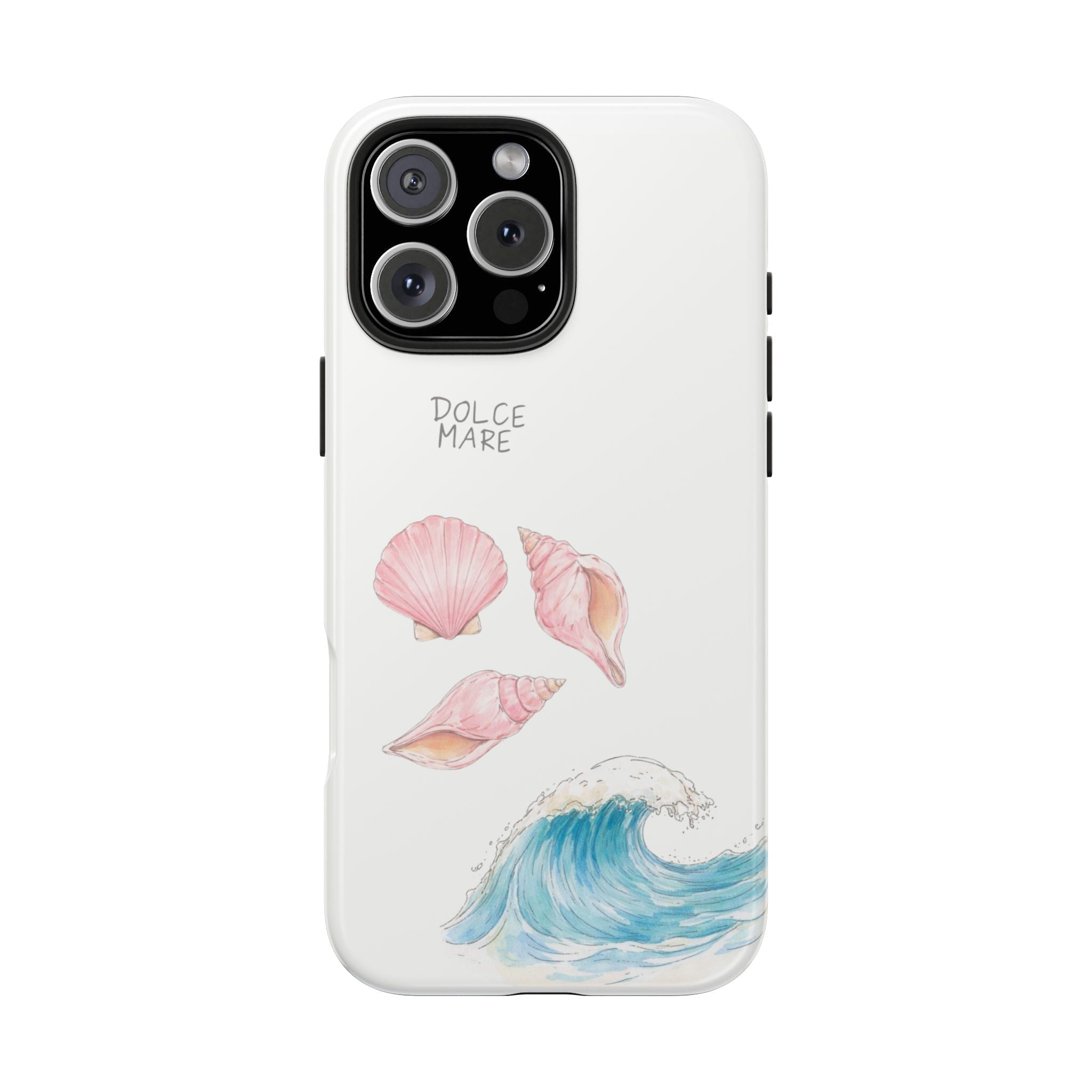 White phone case with pink seashells and blue wave illustration
