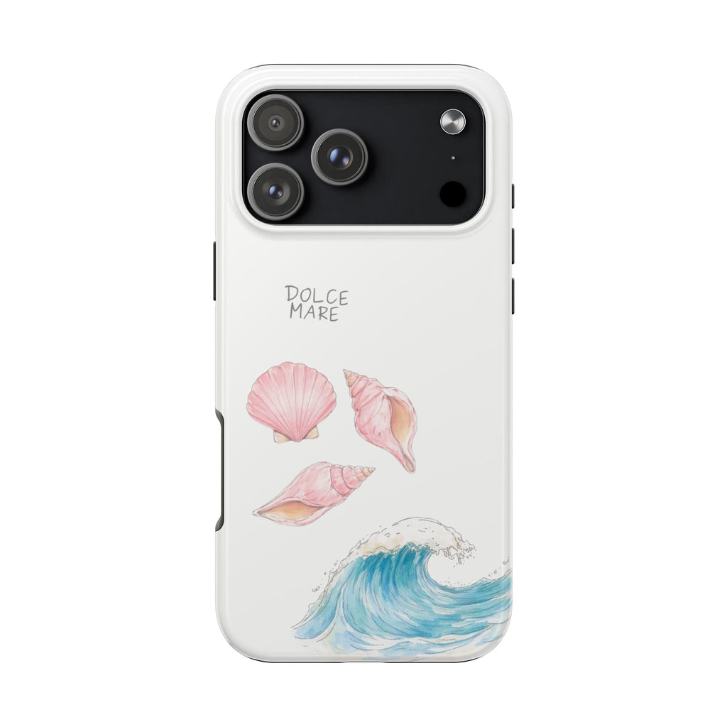 White phone case with pink seashells and blue wave, camera cutout