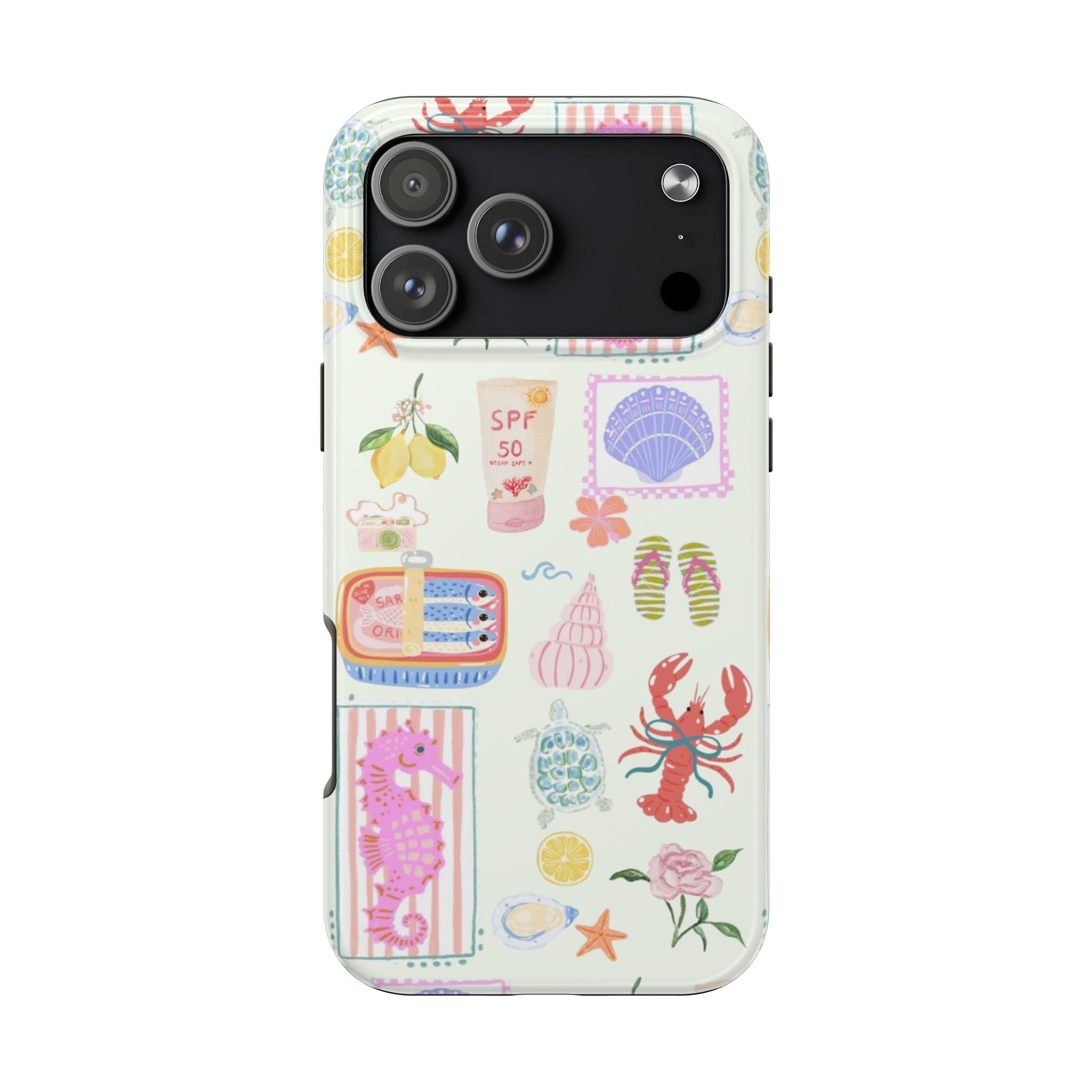 Phone case with beach-themed icons on light background and raised camera cutouts