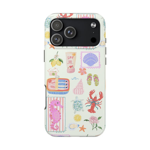 Phone case with beach-themed icons on light background and raised camera cutouts