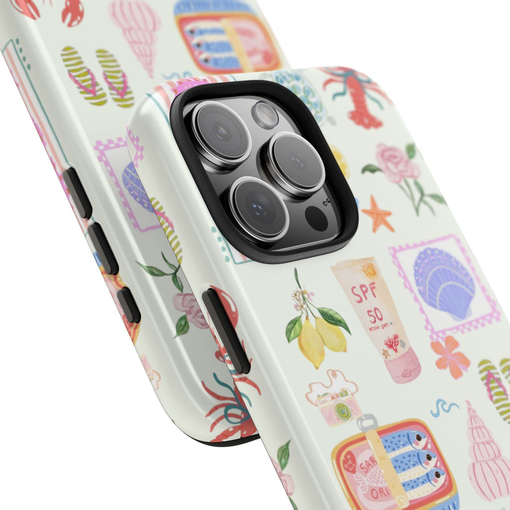Angled phone case view with raised camera lens protectors and beach illustration print
