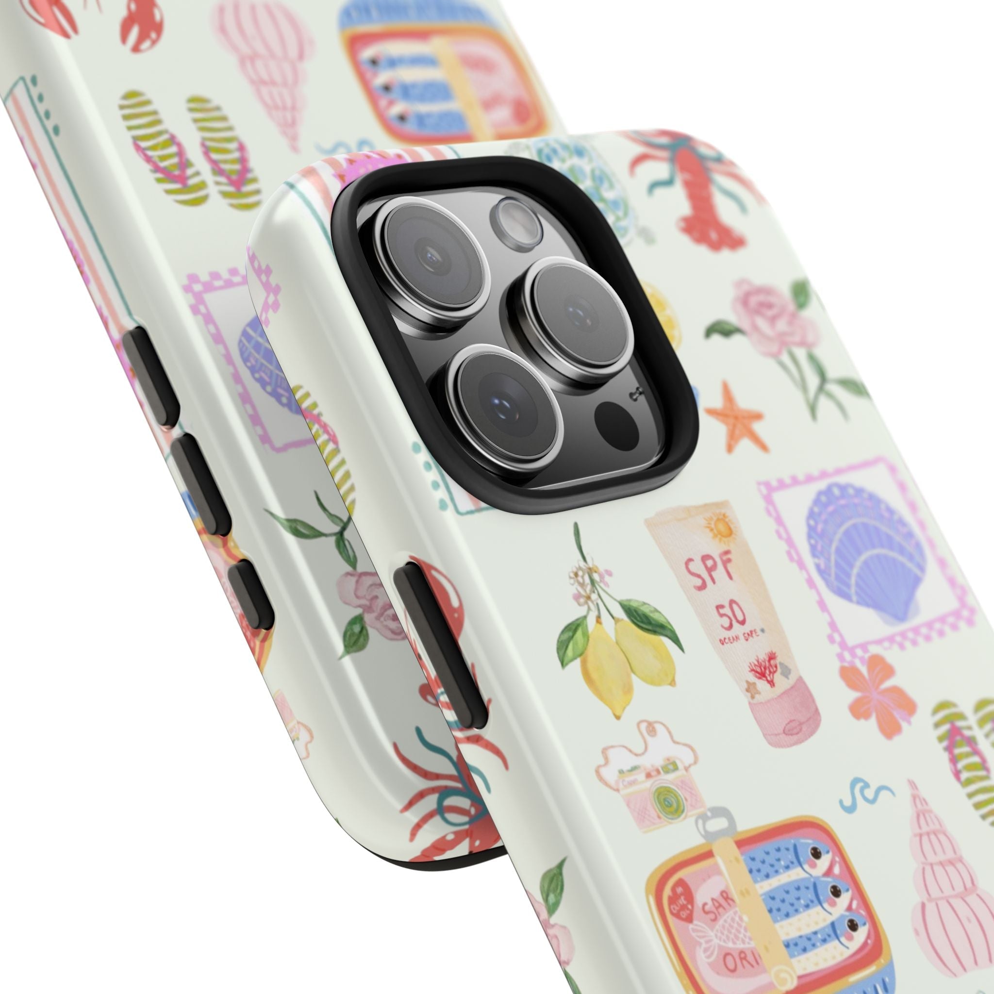 Angled phone case view with raised camera lens protectors and beach illustration print
