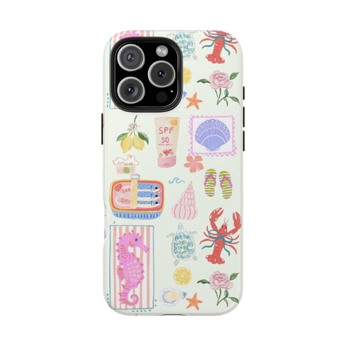 Phone case back with seashell, crab, lemon, and SPF 50 bottle pattern