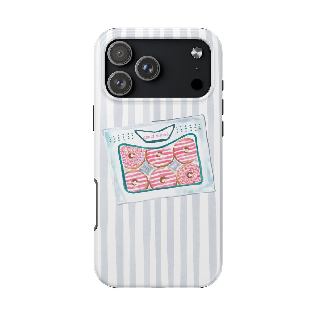 Back phone case with light blue stripes and “donut disturb” donut panel