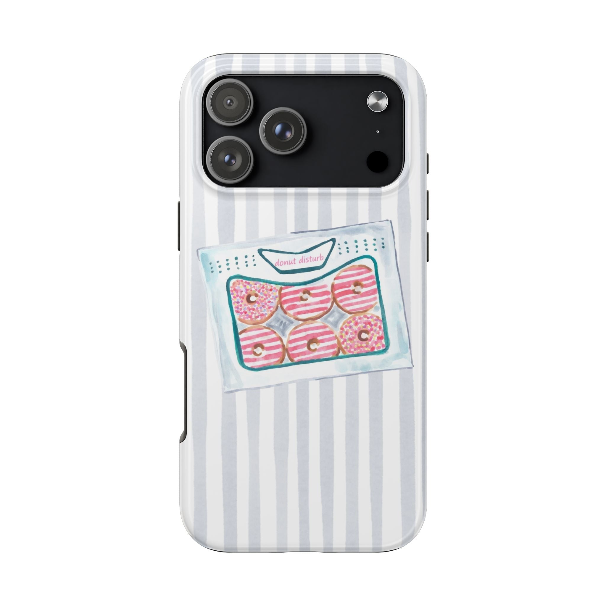 Back phone case with light blue stripes and “donut disturb” donut panel