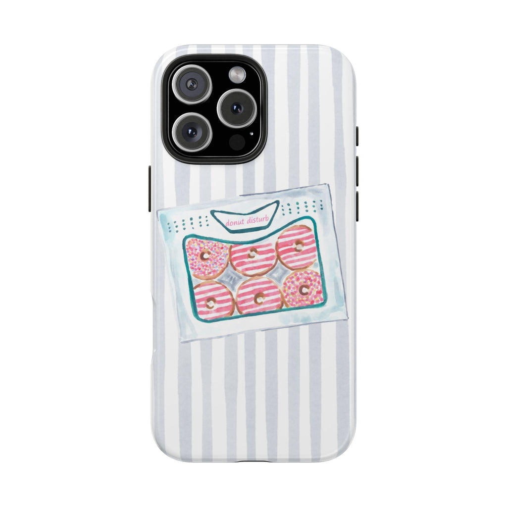 Light blue striped phone case with “donut disturb” donut graphic