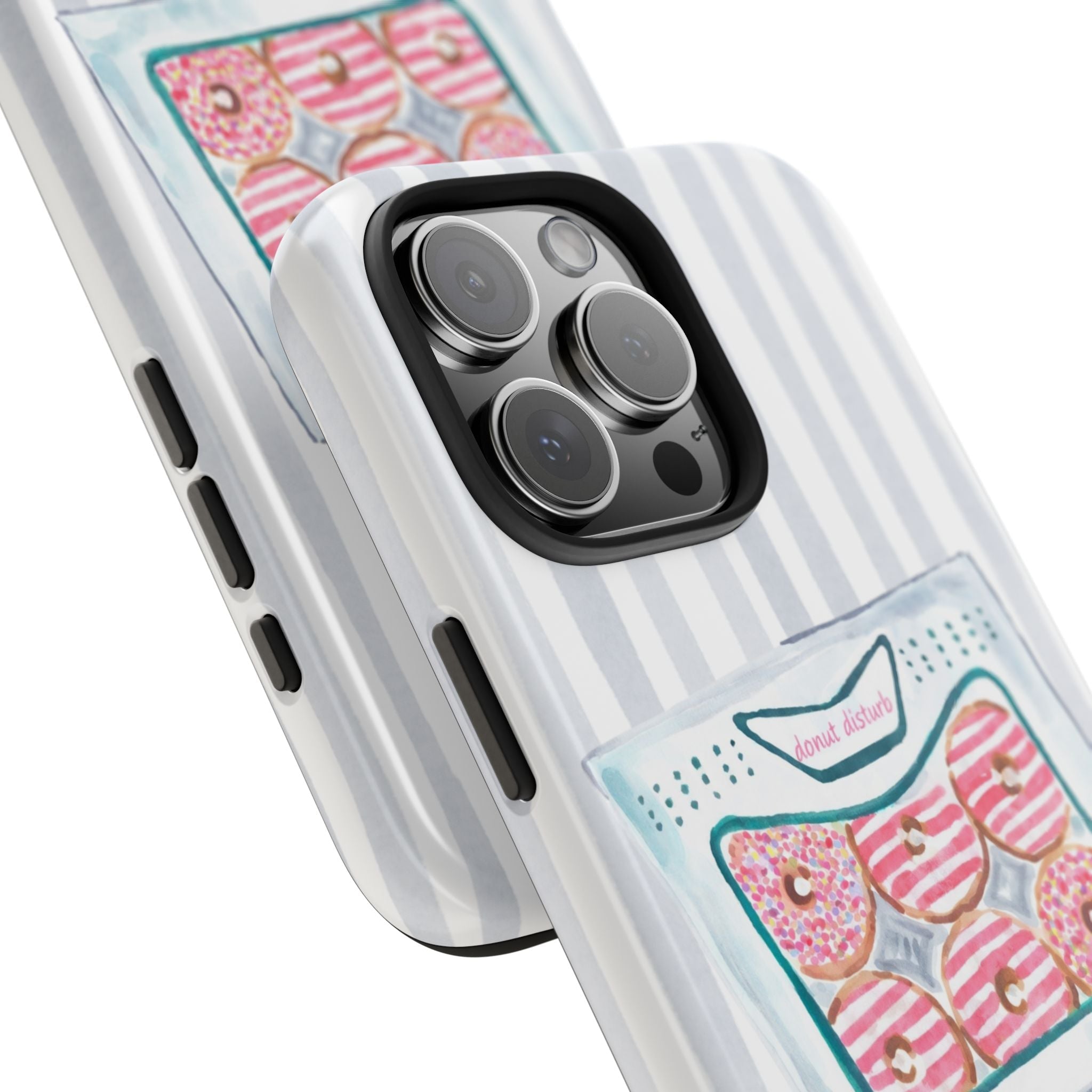 Angled view phone case with light blue stripes, donut panel, and camera cutouts