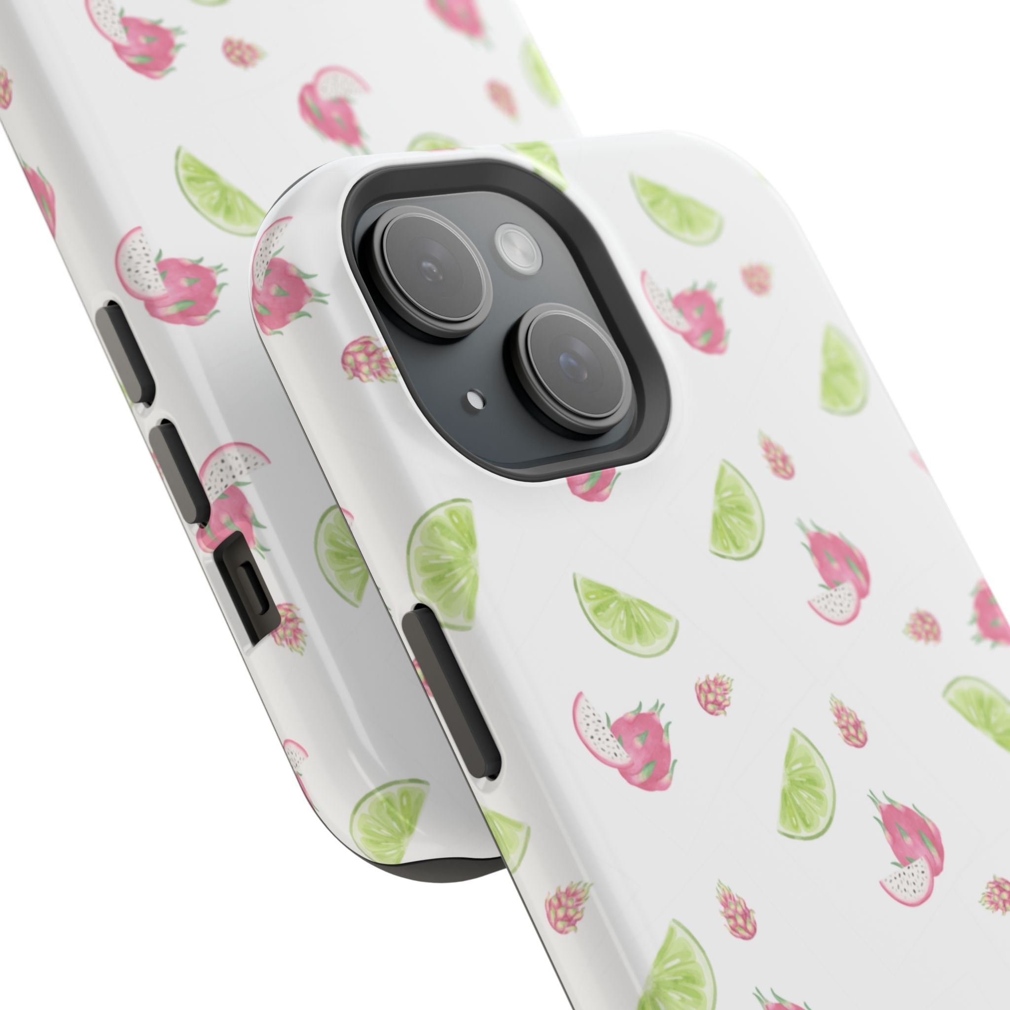 Angled view of white phone case with dragonfruit and lime pattern, covered camera lenses