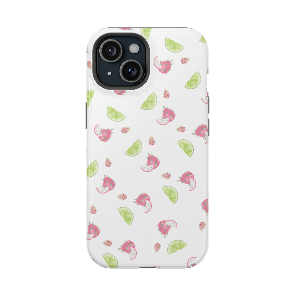 White phone case with dragonfruit and lime fruit pattern, raised camera cutouts