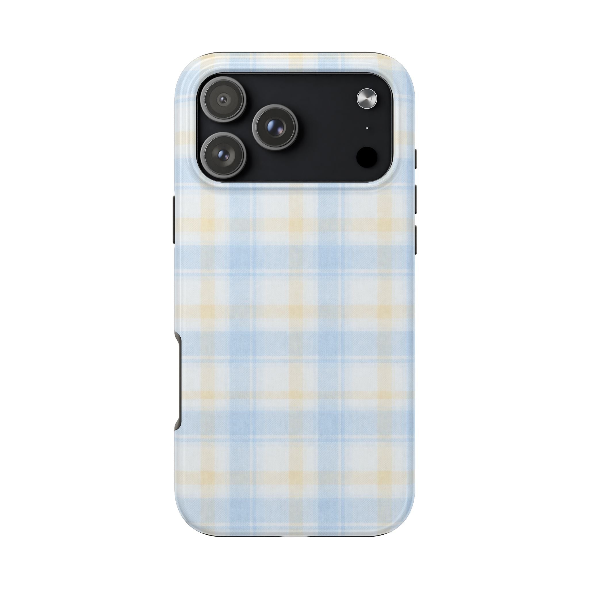 Driftwood plaid flannel phone case, light blue and tan plaid with camera cutout