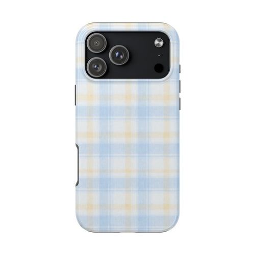 Driftwood plaid flannel phone case, light blue and tan plaid with camera cutout