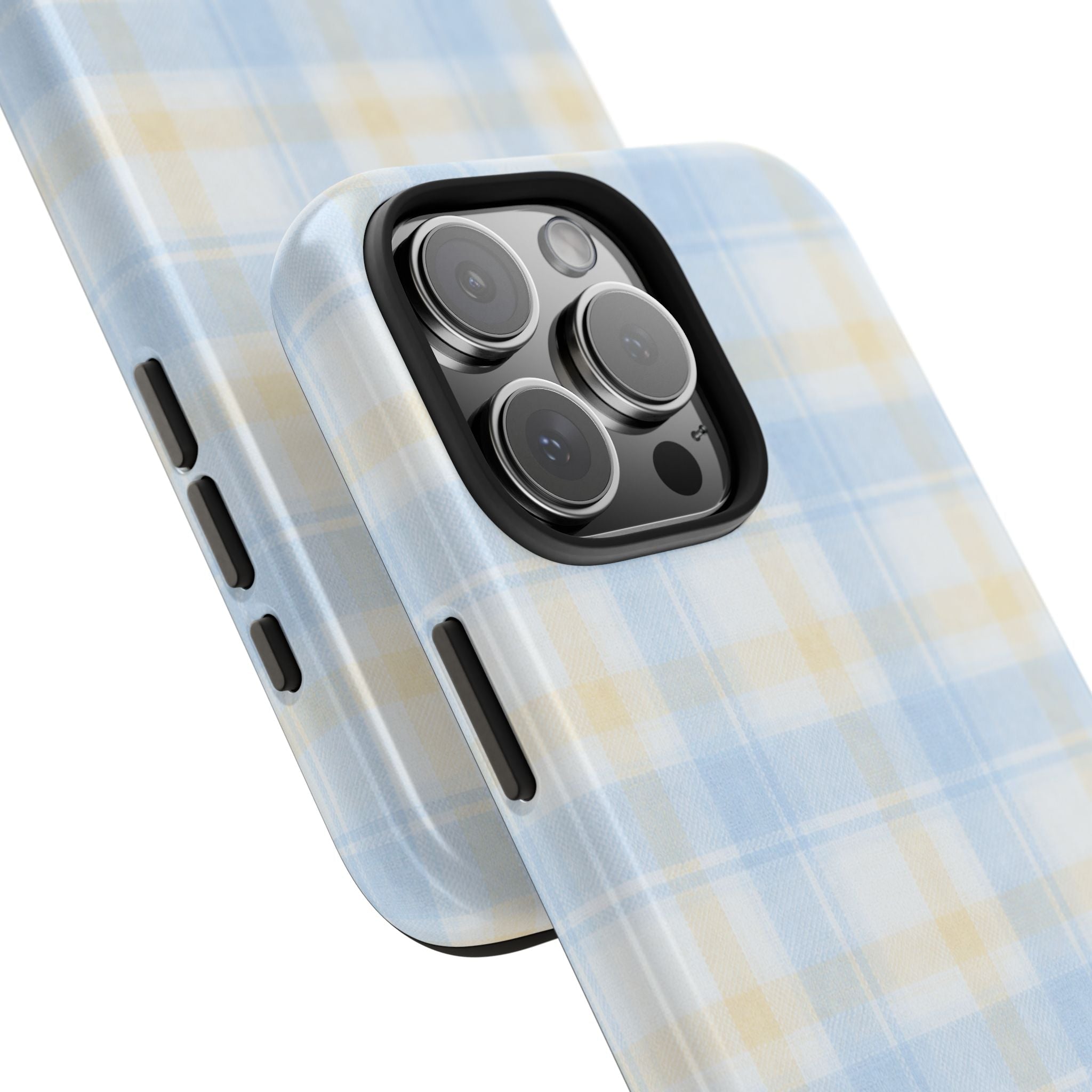 Driftwood plaid flannel phone case, light blue plaid texture with raised camera protection