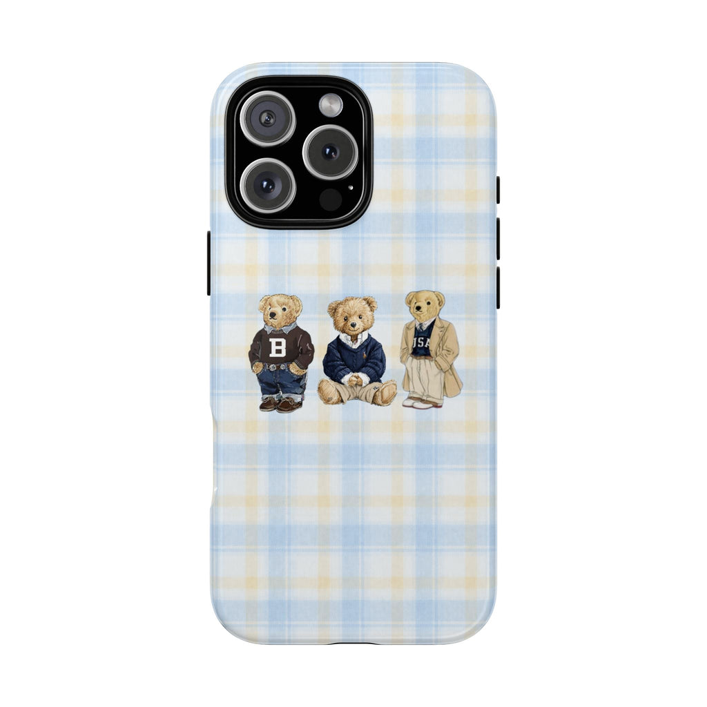 Light blue plaid phone case with three teddy bear characters near the bottom